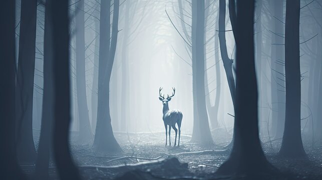  a deer standing in the middle of a forest with fog.  generative ai