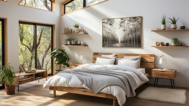 interior design for homes, bedroom decor. Bohemian Mid-Century Modern design featuring a brass and wood-decorated gallery wall. .