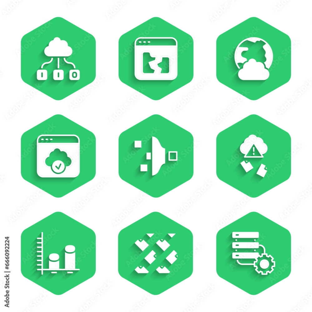 Poster set filter setting, data stream, server and gear, cloud hacking, analysis, technology data transfer,