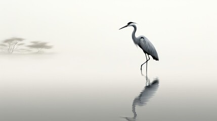  a large bird standing in the water on a foggy day.  generative ai
