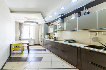 interior apartment kitchen and dining room, refectory area, cooking equipment, table furniture, stove