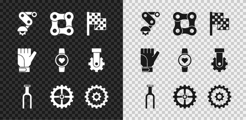 Set Derailleur bicycle rear, Bicycle chain, Checkered flag, fork, sprocket crank, cassette, Gloves and Smart watch icon. Vector