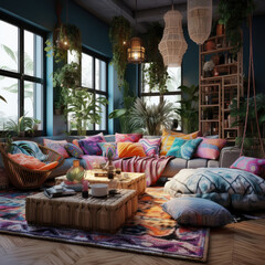 Fototapeta na wymiar Boho Chic Living Room Interior Design
