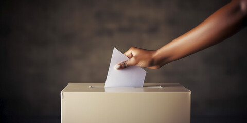 Woman's hand putting envelope into ballot box. Unrecognizable person exercising the right to vote.
