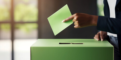 Woman's hand putting envelope into green ballot box. Unrecognizable person exercising the right to vote.
