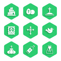 Set Christian cross, Holy water bottle, Monk, Dove, Church tower, icon, Grave with and Babel bible story icon. Vector