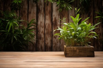 A plant set against the backdrop of a wooden platform, creating a harmonious scene. Created with generative AI tools