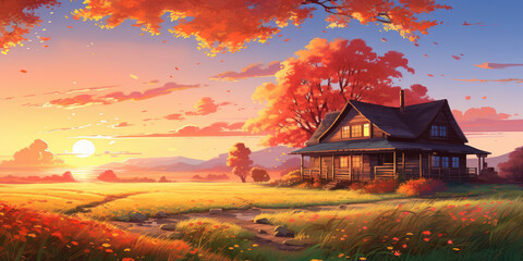 Autumn Farmhouse Landscape Illustration 