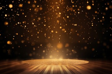 a celebratory stage is enlivened by a cascade of golden confetti, offering a mockup ideal for award ceremonies, jubilees, New Years parties, or product presentations. Created with generative AI tools - obrazy, fototapety, plakaty