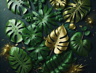 Graphic image of a tropical foliage arrangement featuring green Monstera, fern, and Eucalyptus leaves, accented with gold glitter particles. Created with generative AI tools