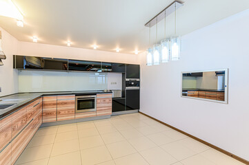 interior apartment kitchen and dining room, refectory area, cooking equipment, table furniture, stove