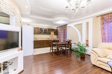 interior apartment kitchen and dining room, refectory area, cooking equipment, table furniture, stove