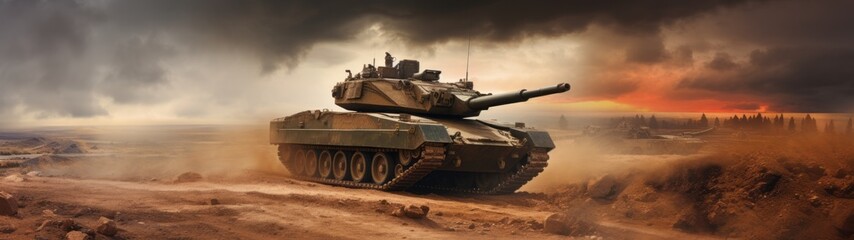 Fototapeta na wymiar A modern tank in the middle of an empty land preparing for an attack, war, raindrops