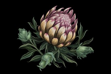 Blooming artichoke from Brittany, France on a black background. Illustration with copy space. Generative AI