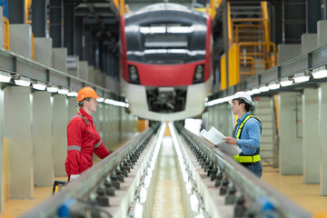 After the electric train is parked in the electric train repair shop, Electric train engineer and technician with tools inspect the railway and electric trains in accordance with the inspection round