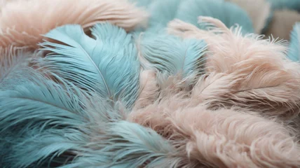 Gordijnen Delicate background of ostrich feathers, calm light blue, turquoise powdery tones. © MaxNadya