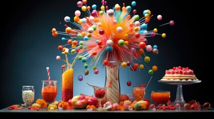  a table topped with a cake and lots of candies.  generative ai