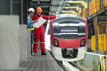 After the electric train is parked in the electric train repair shop, Electric train engineer and technician with tools inspect the railway and electric trains in accordance with the inspection round