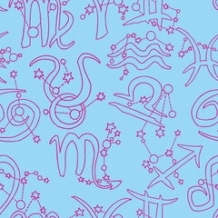 Zodiac horoscope seamless vector pattern for digital background, wrapping paper, textile print. Magic witch craft esoteric theme. Hand drawn illustration, retro vintage style drawing.