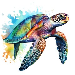Fototapeta premium Sea turtle. Realistic, artistic, colored drawing of a sea turtle on a white background in a watercolor style. Generative Ai