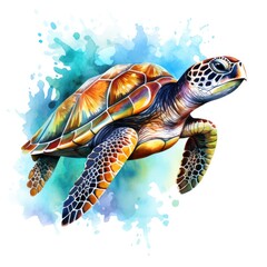 Sea turtle. Realistic, artistic, colored drawing of a sea turtle on a white background in a watercolor style. Generative Ai