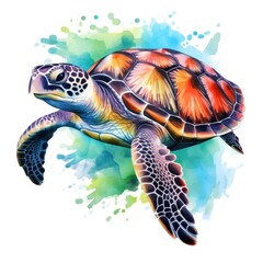 Sea turtle. Realistic, artistic, colored drawing of a sea turtle on a white background in a watercolor style. Generative Ai