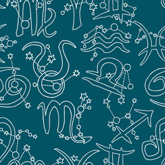 Zodiac horoscope seamless vector pattern for digital background, wrapping paper, textile print. Magic witch craft esoteric theme. Hand drawn illustration, retro vintage style drawing.