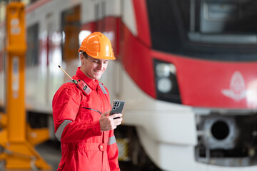 Portrait of a technician using a mobile phone in front of a train while relaxing after inspecting the electric train's machinery repairs.