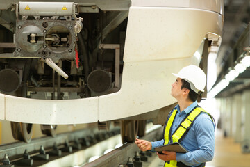 After the electric train is parked in the electric train's repair shop, the electric train engineer inspects the electric train engine at the front of the procession