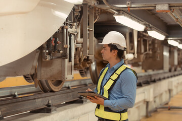 Electric train engineer inspect electric train machinery with tablets according to inspection round after the electric train is parked in the electric train's repair shop