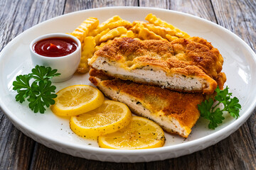 Crispy breaded seared chicken cutlet with French fries, lemon and fresh vegetables on wooden table
