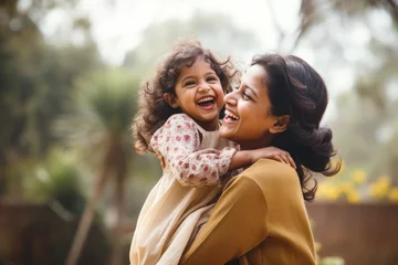 Fotobehang Happy Indian mother having fun with her daughter outdoor. Family and love concept  © Jasmina