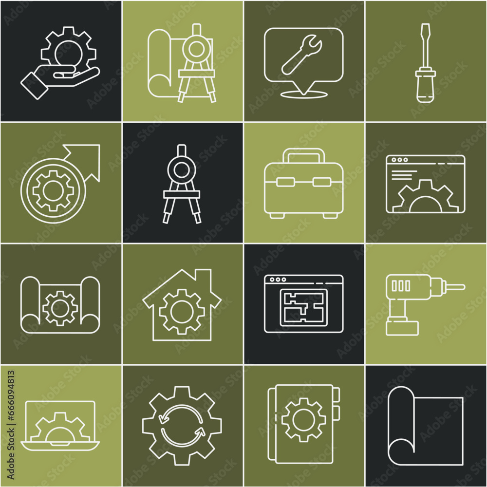 Poster set line graphing paper for engineering, browser setting, location with wrench spanner, drawing comp