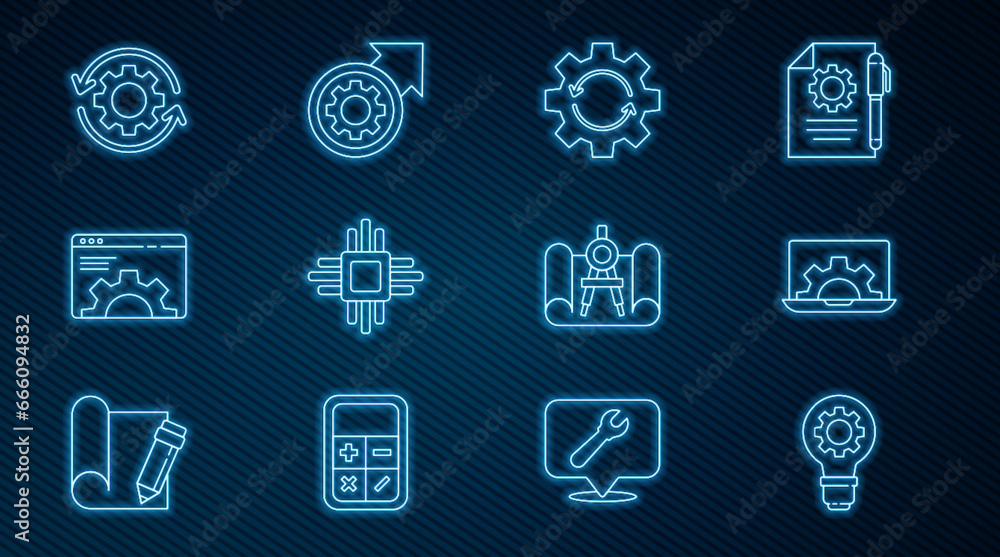 Poster set line light bulb and gear, laptop, gear arrows as workflow, processor with microcircuits cpu, bro