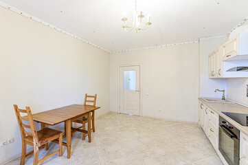 interior apartment kitchen and dining room, refectory area, cooking equipment, table furniture, stove