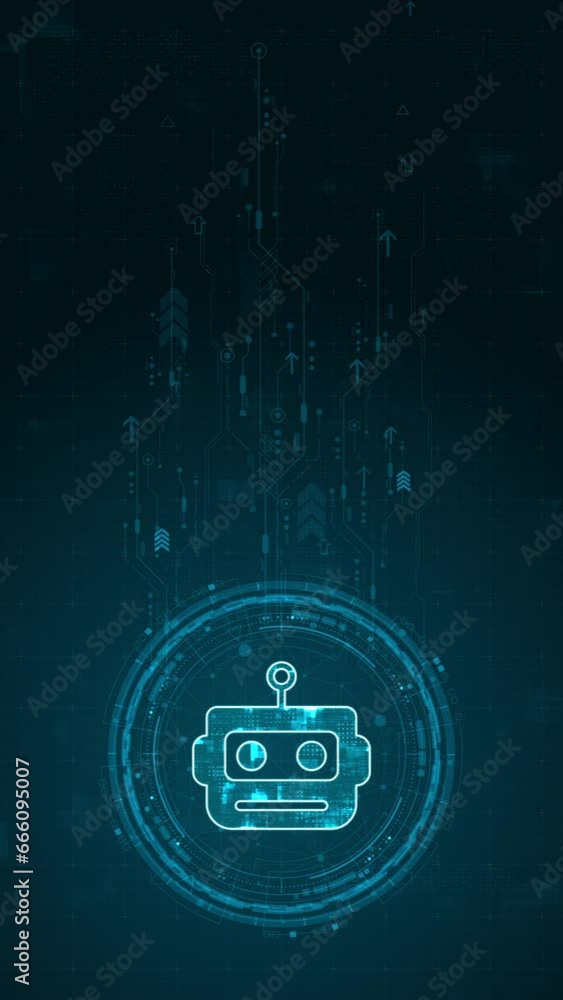 Poster motion graphic of blue digital robot head logo and circle futuristic hud elements with flowing arrow