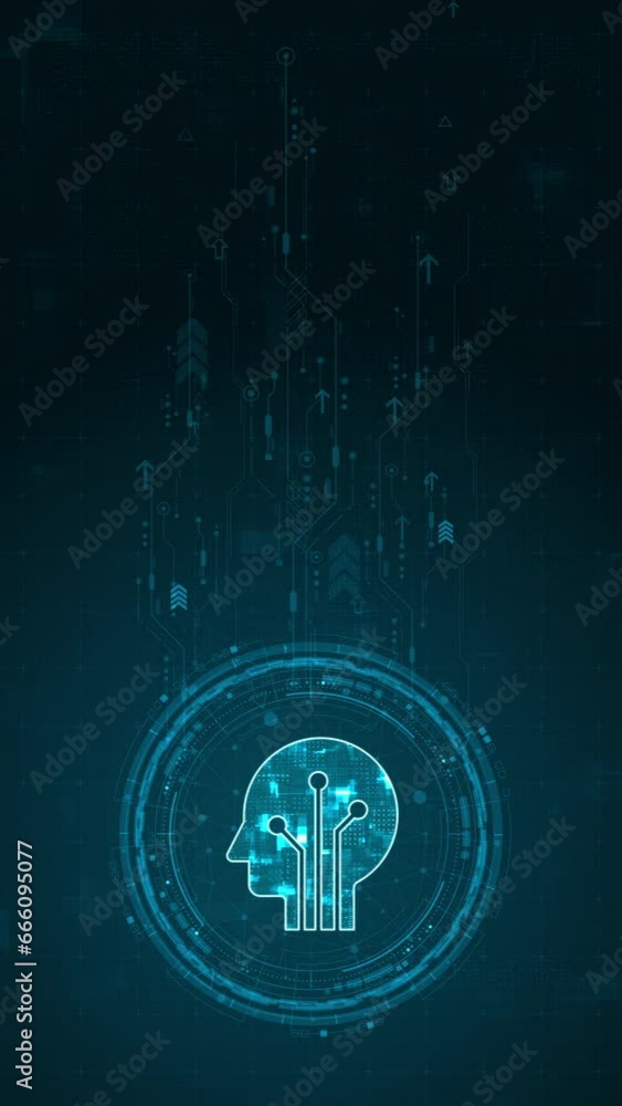 Poster motion graphic of blue digital robot head logo and circle futuristic hud elements with flowing arrow