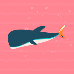 cartoon whale vector illustration, simple childish design