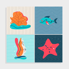 Naklejka premium Set of Undersea animals and plants, vector illustration,simple childish design