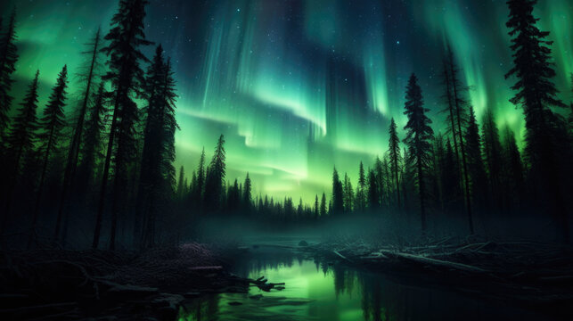 Bright northern lights in the forest with reflection in the water 