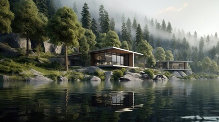 Obraz premium a rendering of a house on the shore of a lake. generative ai