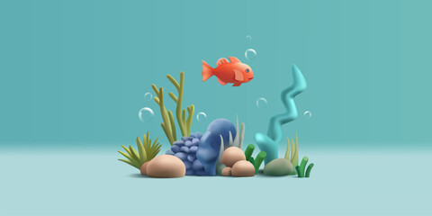 Coral reef and fish. 3d vector cartoon illustration with seaweed and bubbles under water © YarM