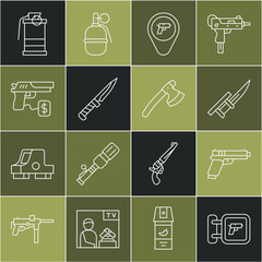 Set line Hunting shop weapon, Pistol or gun, Bayonet rifle, Location with, Military knife, Buying pistol, Hand smoke grenade and Wooden axe icon. Vector