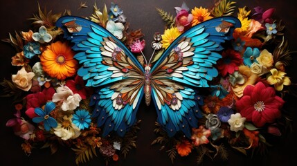  a blue butterfly is surrounded by flowers and other things in the background. generative ai