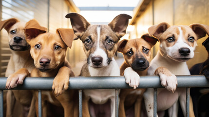 Several abandoned puppies stand and look with sad eyes, wanting to find a home and owner. dogs waiting to feed, eyes filled with anticipation, Concept of adopting a pet from a shelter. - obrazy, fototapety, plakaty