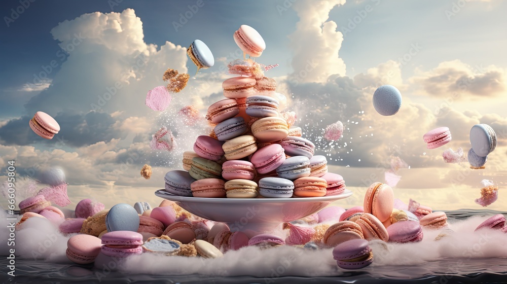 Poster a pile of macaroons flying in the air with clouds. generative ai