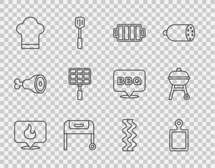 Set line Location with fire flame, Cutting board, Barbecue grill, Chef hat, steel grid, Bacon stripe and icon. Vector