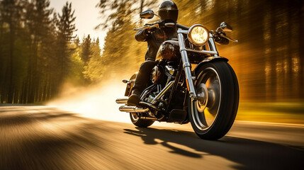 Custom motorbike biker rider on blurred country road