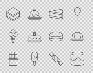 Set line Chocolate bar, Cake, Piece of cake, Ice cream, Brownie chocolate, with burning candles, Candy and Jelly icon. Vector