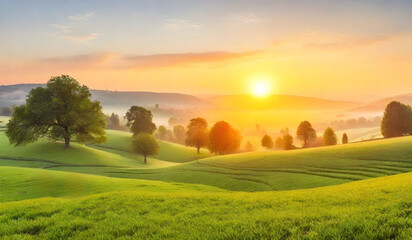 Beautiful sunrise over green meadow in the morning. Landscape with fog.